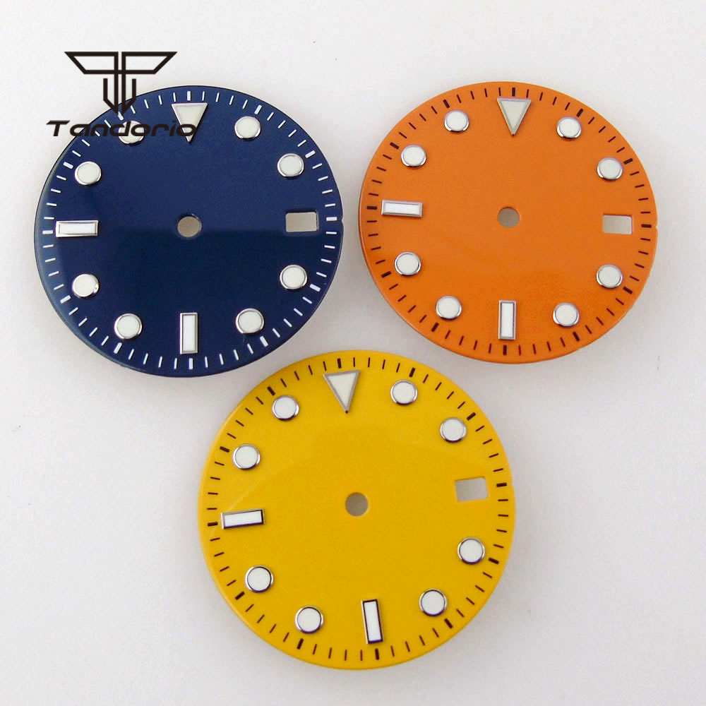 Watch Hands Set Luminous Replacement Nh35 - หน้าปัดนาฬิกาขนาด 29 มม. สีน้ำเงินเข้ม/ส้ม/เหลือง พร้อมเข็มนาฬิกา ช่องแสดงวันที่