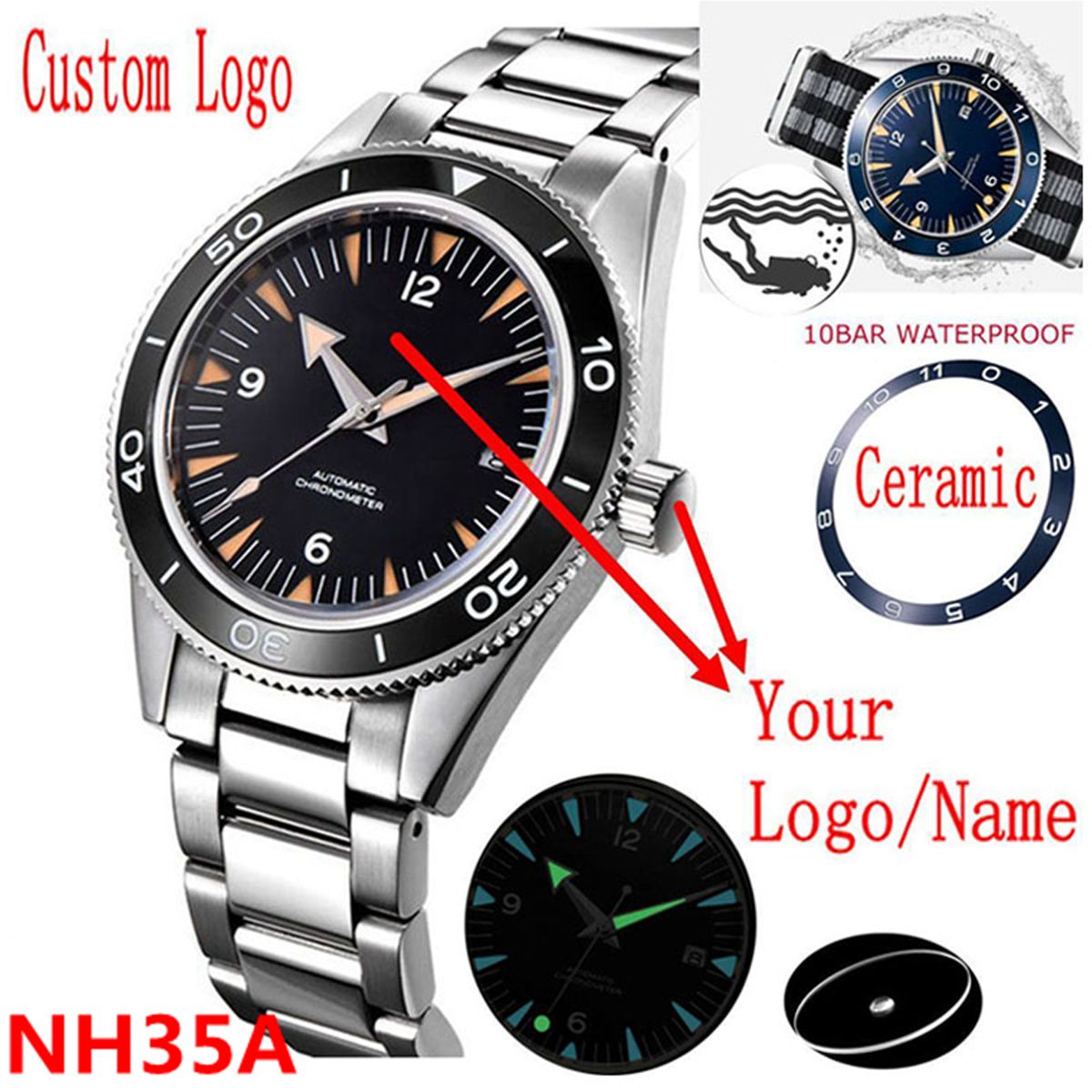 Men Mechanical Watch Sapphire Crystal - โลโก้ที่กําหนดเอง NH35 นาฬิกา 10 บาร์ Mens