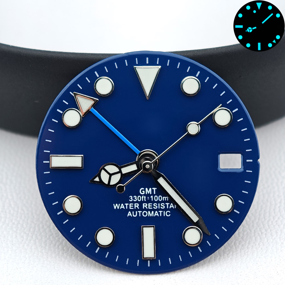 Watch Hands Set Luminous Replacement Nh35 - หน้าปัดและชุดเข็มนาฬิกา GMT แบบปลอดเชื้อขนาด 28.5 มม. พร้อมสารเรืองแสงสีน้ำเงิน-เขียว