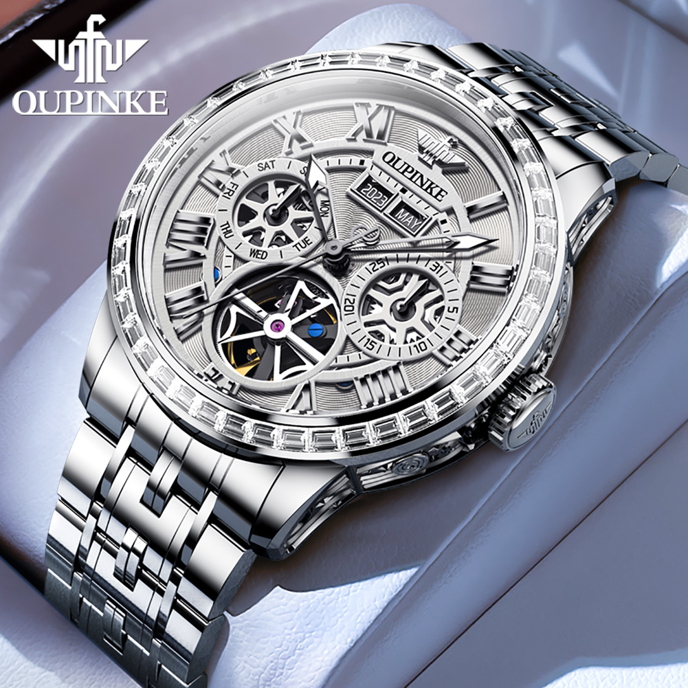 Skeleton Automatic Watch Luxury Tourbillon - Oupinke นาฬิกาข้อมืออัตโนมัติผู้ชาย, นาฬิกากลไกโชว์โครงเหล็กสแตนเลสมัลติฟังก์ชั่นกันน้ำสว่าง