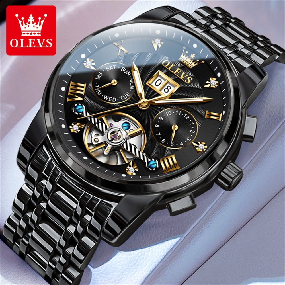 Skeleton Automatic Watch Luxury Tourbillon - นาฬิกาผู้ชาย OLEVS รุ่นคลาสสิก ดีไซน์ทัวร์บิญอง ฟังก์ชันหลากหลาย ระบบอัตโนมัติเต็มรูปแบบ