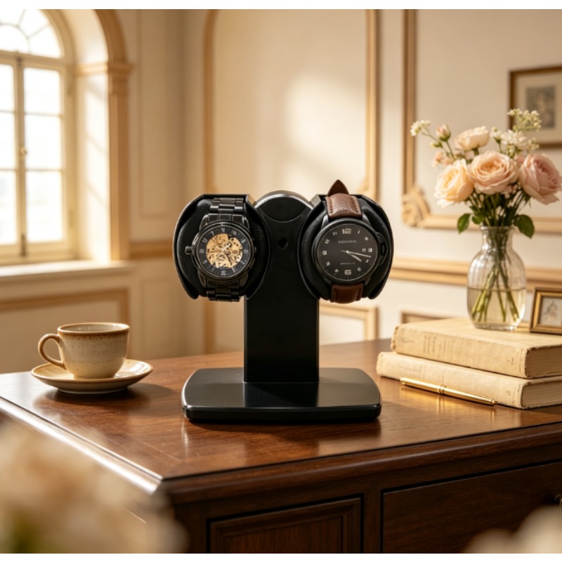 Watch Winder Automatic Dual Watch Box - กล่องเก็บนาฬิกาแบบหมุนอัตโนมัติคู่ พร้อมระบบป้องกันแม่เหล็กและฐานโชว์แบบเงียบ สำหรับนาฬิกาจักรกลของผู้ชายและผู้หญิง
