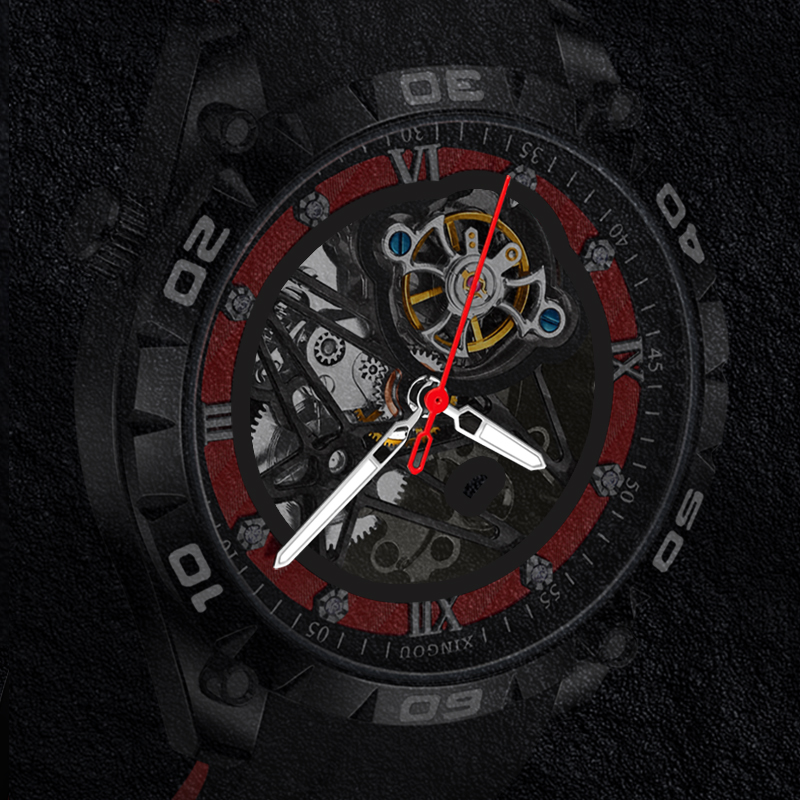 Skeleton Automatic Watch Luxury Tourbillon - นาฬิกาข้อมือสำหรับผู้ชาย หน้าปัดแบบโครงกระดูก สีดำแดง ระบบอนาล็อก ตัวเลขโรมัน สไตล์สปอร์ต