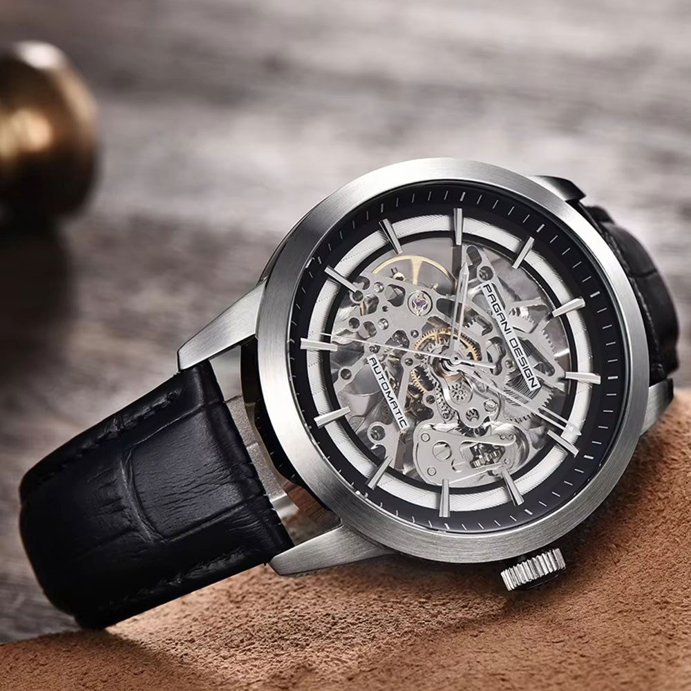 Men Mechanical Watch Sapphire Crystal - นาฬิกาข้อมือผู้ชาย PAGANI DESIGN รุ่น Hollow ตัวเรือนสแตนเลสกันน้ำ