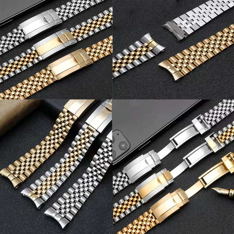 Solid Stainless Steel Watch Bracelet Jubilee - สายนาฬิกาข้อมือสแตนเลสสตีลแบบจูบิลี่สีเงินทองขนาด 20 มม. ปลายโค้ง สำหรับนาฬิกา RLX
