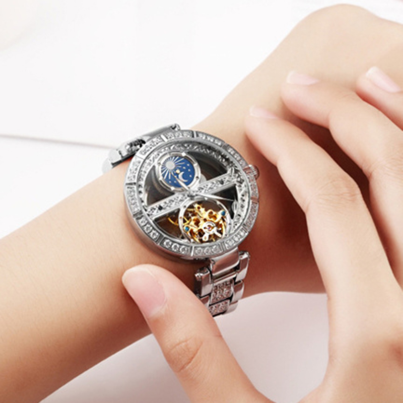 สุภาพสตรีนาฬิกาผู้หญิงอัตโนมัต - Skeleton Automatic Watch Luxury Tourbillon บทวิจารณ์และราคา