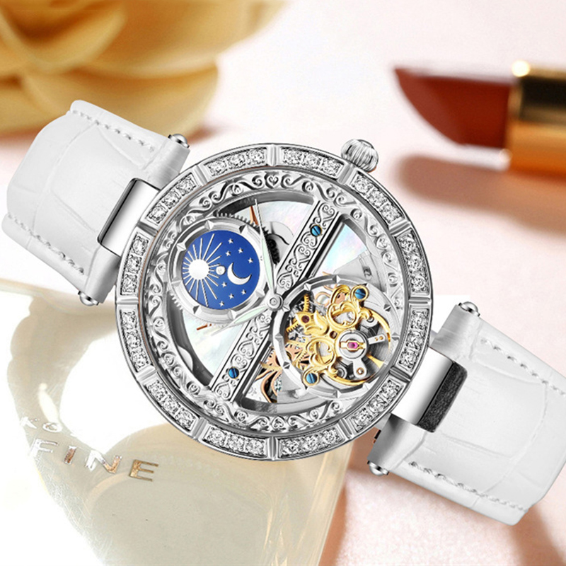สุภาพสตรีนาฬิกาผู้หญิงอัตโนมัต - Skeleton Automatic Watch Luxury Tourbillon บทวิจารณ์และราคา
