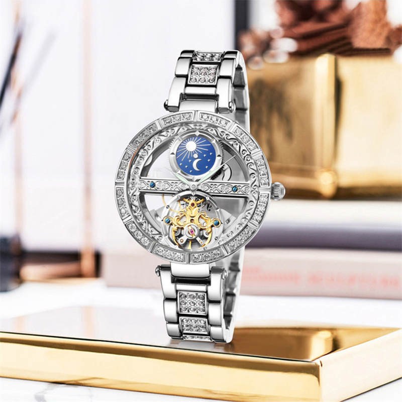 สุภาพสตรีนาฬิกาผู้หญิงอัตโนมัต - Skeleton Automatic Watch Luxury Tourbillon บทวิจารณ์และราคา