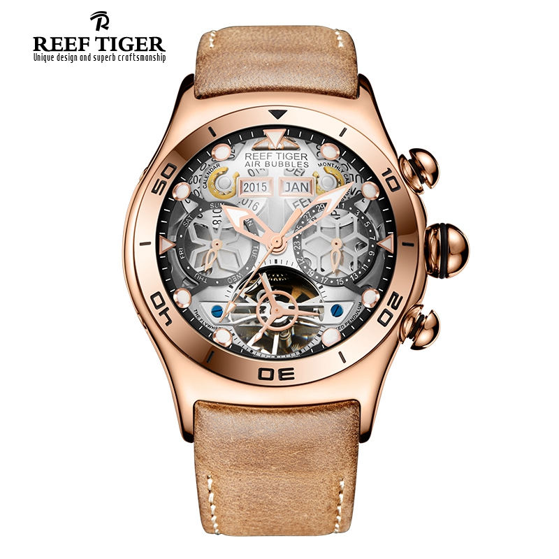 Reef Tiger/rt สําหรับบุรุษนาฬิ - Skeleton Automatic Watch Luxury Tourbillon บทวิจารณ์และราคา